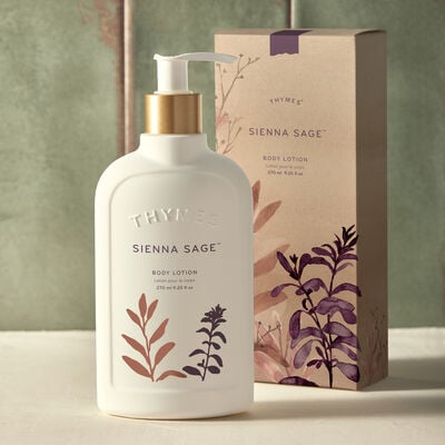 Thymes Sienna Sage Body Lotion and Packaging on Counter